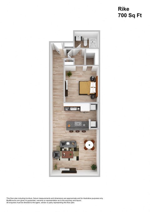 Floor plan for 1 bed, 1 bath, 700 sqft
